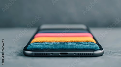 Close-up view of a smartphone with colorful fabric case, showcasing modern design and vibrant colors against a neutral background. photo