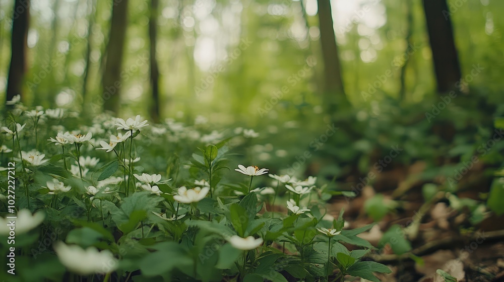 Tranquil Forest Scene with Blooming White Flowers Tranquil Forest Scene with Blooming White Flowers