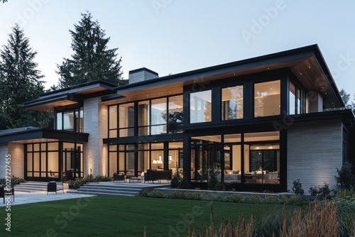 Contemporary house with large windows, elegant wood details, and a sophisticated black and white exterior photo