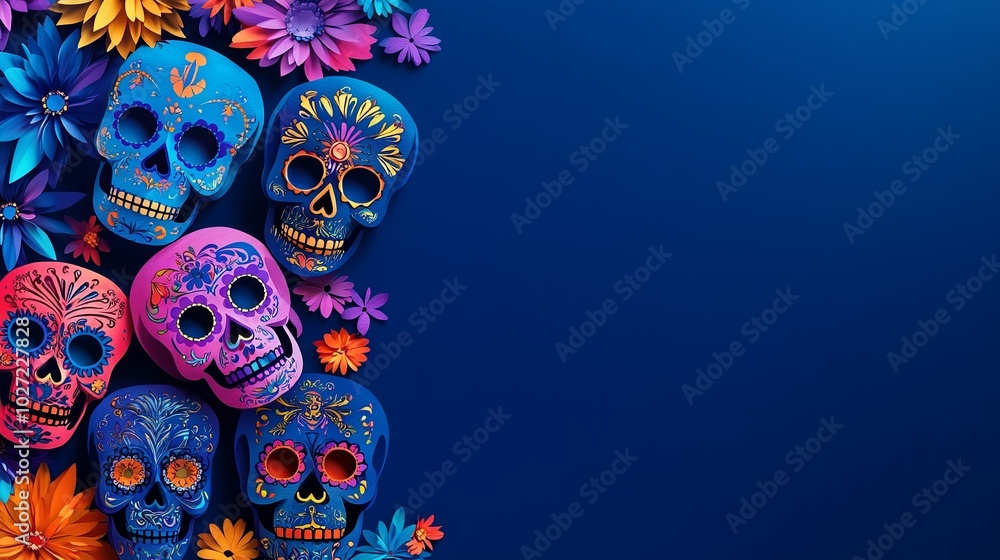 A blue background with a row of colorful skulls and flowers A blue background with a row of colorful skulls and flowers