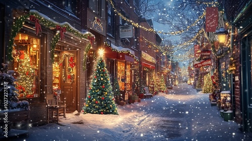 A Christmas street scene with a green tree in the center