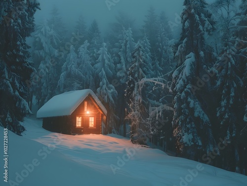 Solitary Cabin Lit Within the Snow Covered Wilderness Symbolizing Winter Isolation and Self Reliance photo