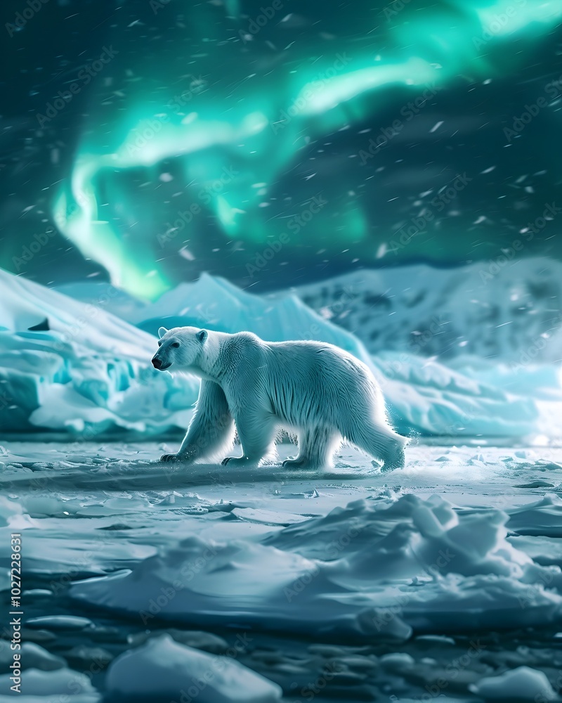 Fototapeta premium Polar Bear Crossing Frozen Landscape Under Mesmerizing Northern Lights