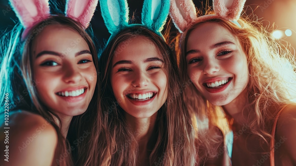 Three young women sharing joyful moments while wearing colorful bunny ears during a lively nighttime celebration Three young women sharing joyful moments while wearing colorful bunny ears during a lively nighttime celebration