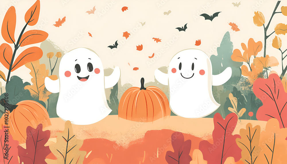 Autumn-themed scene with two cartoon ghosts in a field surrounded by colorful fall foliage. Pumpkins, leaves, and bats create a festive, playful Halloween atmosphere Autumn-themed scene with two cartoon ghosts in a field surrounded by colorful fall foliage. Pumpkins, leaves, and bats create a festive, playful Halloween atmosphere