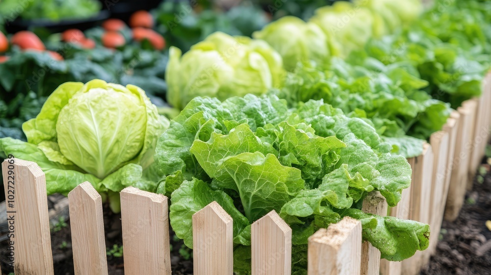 Fresh Green Lettuce and Cabbage in a Garden Row Fresh Green Lettuce and Cabbage in a Garden Row
