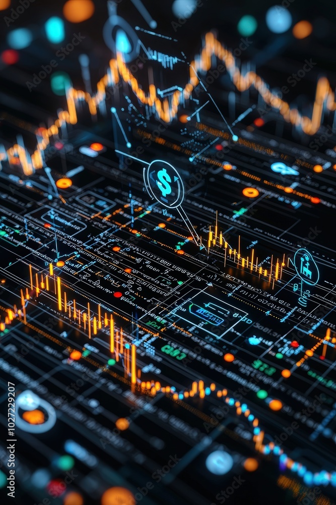 Fototapeta premium Abstract patterns of interconnected financial symbols and glowing lines, flowing toward future growth