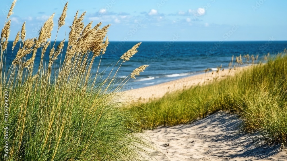 Serene Beach with Tall Grass and Calm Ocean Waves Serene Beach with Tall Grass and Calm Ocean Waves