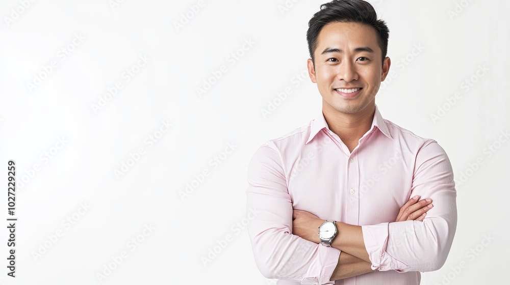 A man in a pink shirt is smiling and holding his arms crossed A man in a pink shirt is smiling and holding his arms crossed