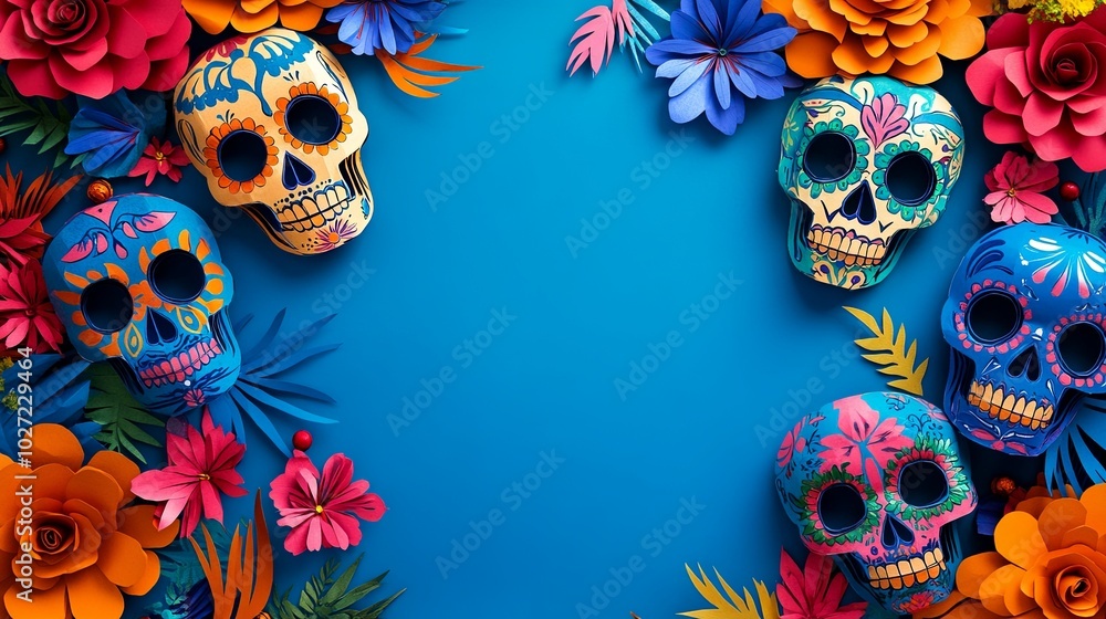 A blue background with colorful skulls and flowers A blue background with colorful skulls and flowers