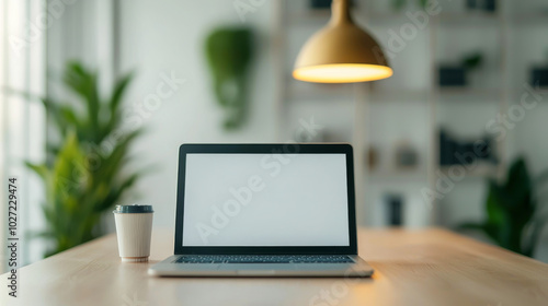 Wallpaper Mural Modern workspace with laptop and coffee cup, perfect for productivity and inspiration in a cozy environment. Torontodigital.ca