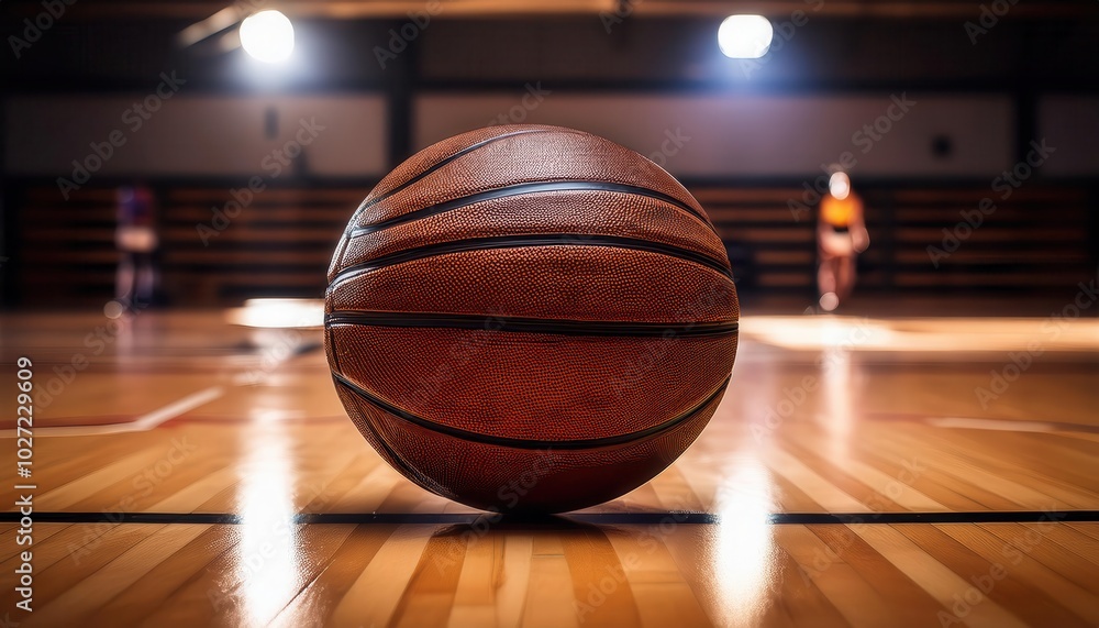 Close-up of Basketball on Hardwood Court in Empty Gym with Soft Light Reflections, Ideal for Training, Competitions, or Sports Facility Concepts Close-up of Basketball on Hardwood Court in Empty Gym with Soft Light Reflections, Ideal for Training, Competitions, or Sports Facility Concepts