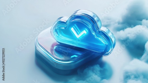 A 3D Render of a Glass Cloud with a Neon Checkmark photo