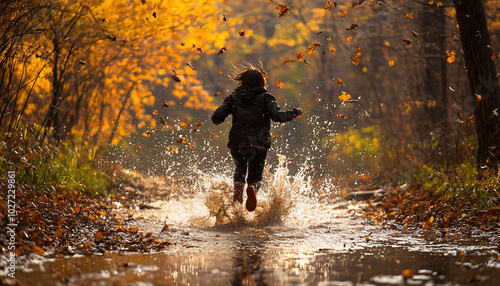 Photograph individuals running, jumping, or dancing while interacting with natural elements like wind, water splashes, or falling leaves