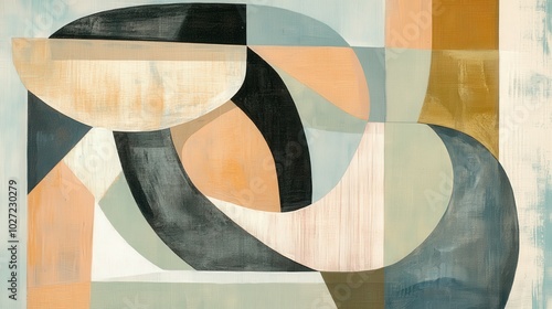 Modern abstract artwork featuring geometric shapes and soft colors