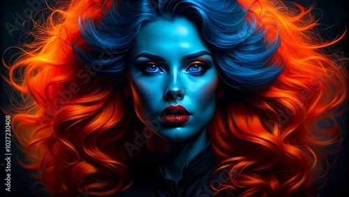 A woman with vibrant blue hair and striking red lips, exuding confidence and style. 