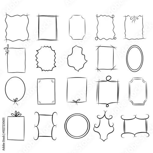 Hand drawn frames. Vintage doodle sketch picture frame. Hand Drawn Frames Collection on White background, round, vertical and square frames
