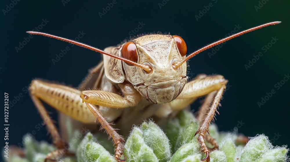 Close-up macro photograph of a cricket insect with prominent red eyes and antennae perched on a green plant against a dark background.
