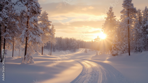 Winter tire tracks in fresh snow, leading into a snowy forest with soft sunlight breaking through the trees, capturing a serene winter atmosphere.