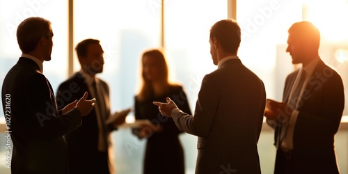 A group of silhouetted businesspeople engage in conversation during sunset in an office, symbolizing collaboration, networking, and professional dialogue. photo