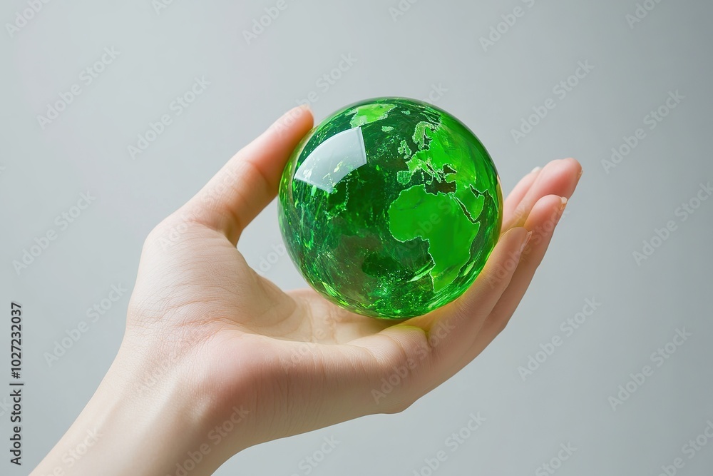 Glass globe ball with recycle concept in female hand Glass globe ball with recycle concept in female hand