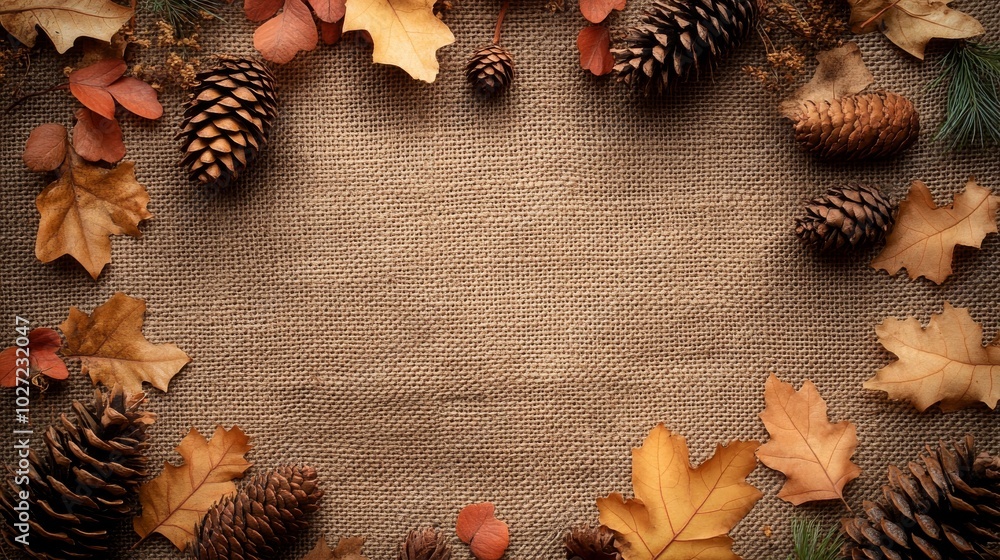 Fototapeta premium Autumnal Leaf and Pine Cone Border on Burlap