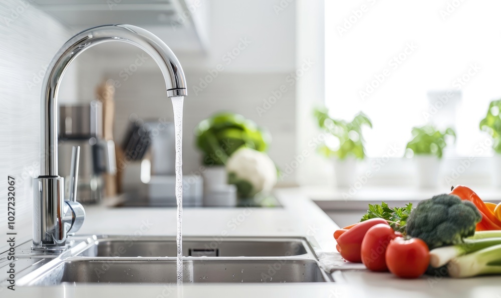 Clean fresh vegetables under a running tap in a modern and sleek kitchen environment promote a healthy, clean lifestyle and emphasize the importance of food preparation