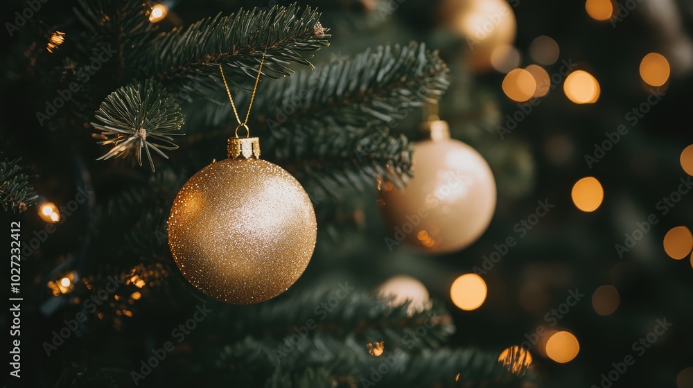 Golden Ornament on Christmas Tree with Soft Lights Golden Ornament on Christmas Tree with Soft Lights
