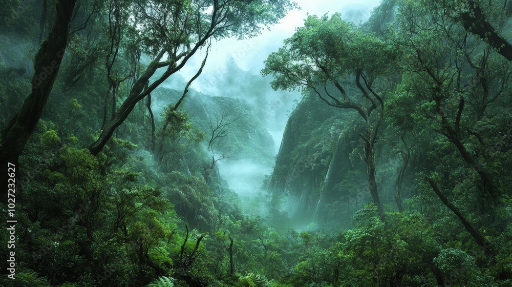 Misty morning in a lush, green forest with towering trees and fog