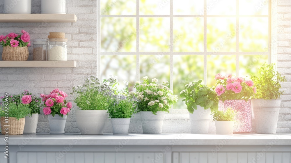 Fototapeta premium Bright Indoor Garden with Colorful Flower Pots