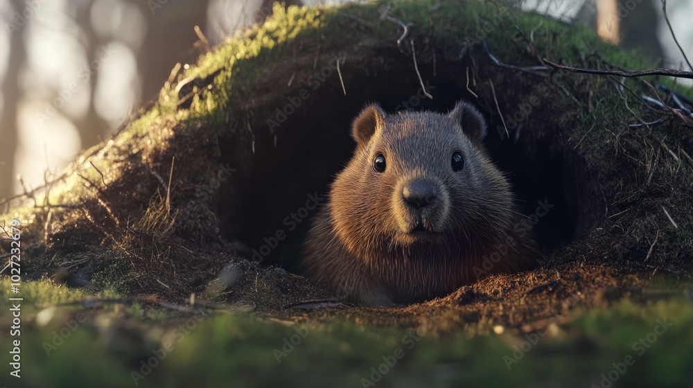 A Curious Marmot Peeking From Its Burrow in a Forest Setting A Curious Marmot Peeking From Its Burrow in a Forest Setting