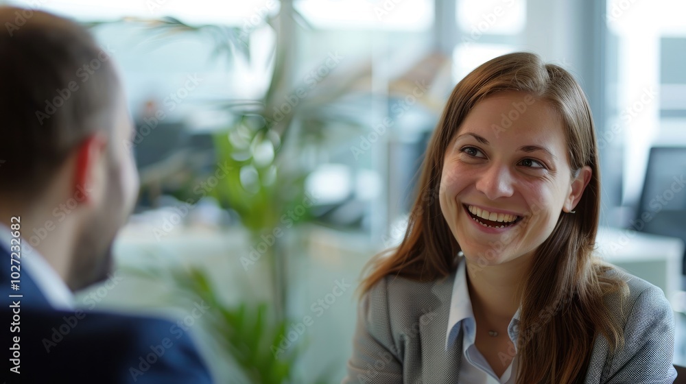 A young professional woman smiling during a business meeting in a modern office A young professional woman smiling during a business meeting in a modern office
