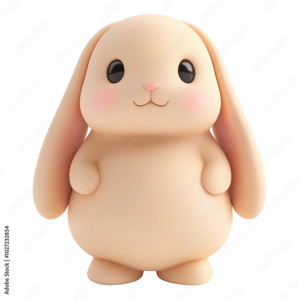 Cute 3D chibi bunny figurine with pink cheeks, large eyes, and long ears. Ideal for cartoon, toy design, and 3D illustration projects. Isolated on transparent background, png. Cute 3D chibi bunny figurine with pink cheeks, large eyes, and long ears. Ideal for cartoon, toy design, and 3D illustration projects. Isolated on transparent background, png.