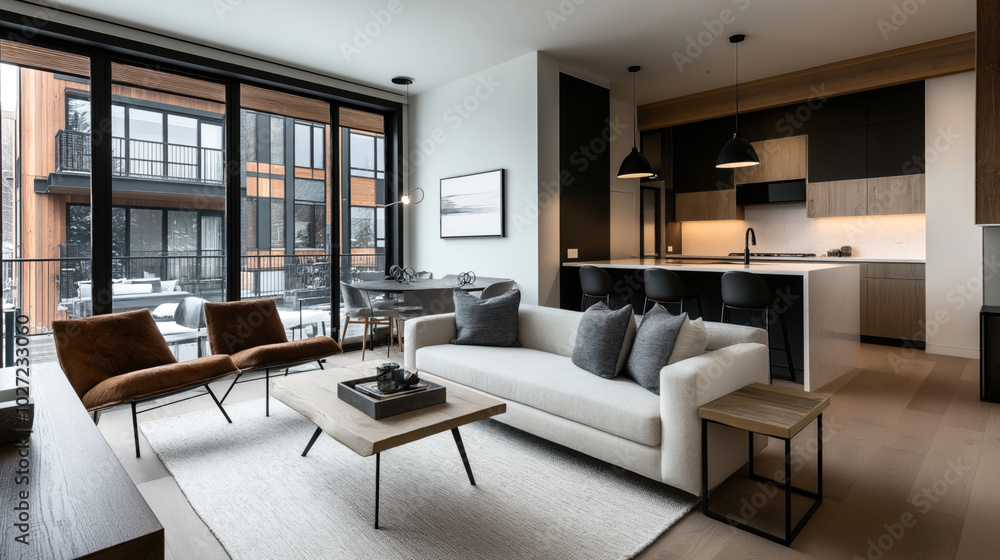 Modern open-plan living room and kitchen with large windows, stylish furniture, and balcony view in contemporary apartment Modern open-plan living room and kitchen with large windows, stylish furniture, and balcony view in contemporary apartment