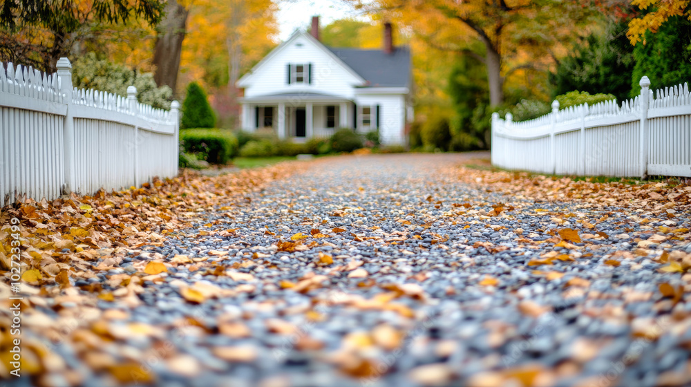 Charming gravel driveway lined with white picket fence and autumn ...
