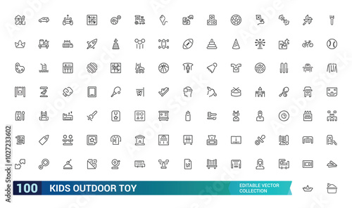 Kids outdoor toy icon set. Playground icon set. Related to children parks, slide, amusement. Modern outline icons. Editable stroke, Pixel perfect, vector illustration.