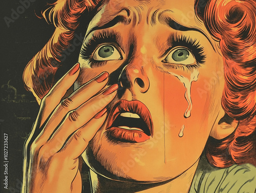 A comic book panel from the 1940s featuring an extreme close up of a beautiful redheaded woman looking anxious and crying with her hand up near her mouth photo