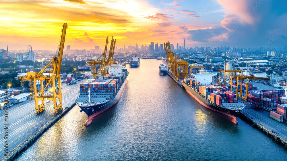 Fototapeta premium Aerial view of cargo ships and cranes at a bustling industrial port during sunset, showcasing logistics and transportation activities