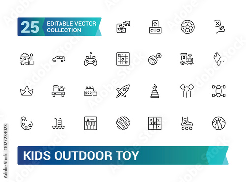 Kids outdoor toy icon set. Playground icon set. Related to children parks, slide, amusement. Modern outline icons. Editable stroke, Pixel perfect, vector illustration.