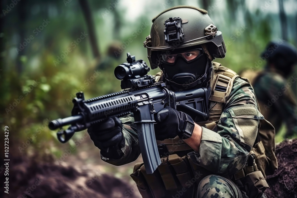 Chinese soldier in tactical gear aiming a rifle during a military exercise in a forested area, showcasing discipline and preparedness Chinese soldier in tactical gear aiming a rifle during a military exercise in a forested area, showcasing discipline and preparedness