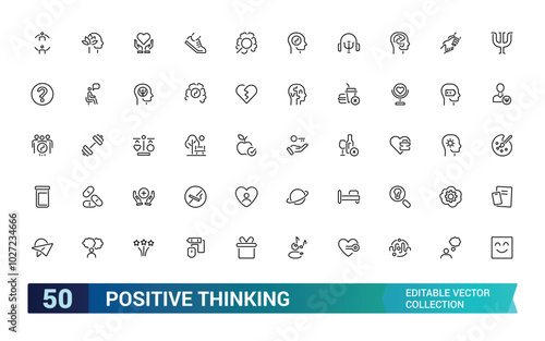 Positive thinking line icons set. UI icon collecton in outline style. Minimal thin icon pack. Editable stroke, Pixel perfect, vector illustration.