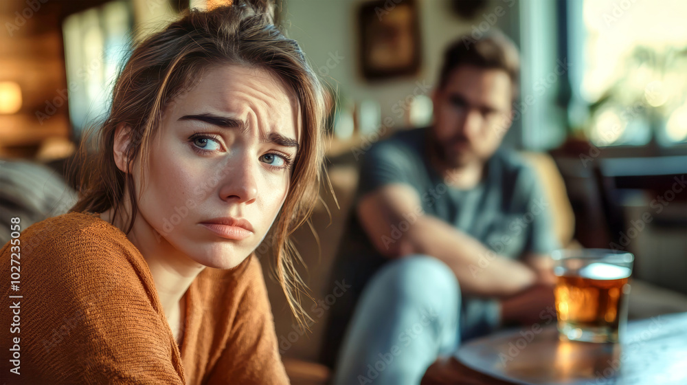 A young woman sits on a couch with her husband in a cozy living room, both drinking alcohol and smoking, while she appears lost in thought A young woman sits on a couch with her husband in a cozy living room, both drinking alcohol and smoking, while she appears lost in thought