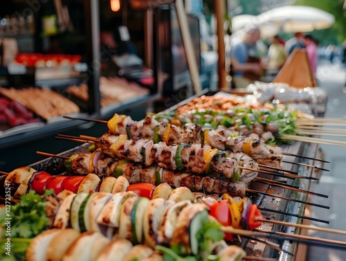 Bustling Street Market Offering Lab Grown Meat Kebabs and Veggie Wraps Symbolizing the Popularization of Futuristic Food photo