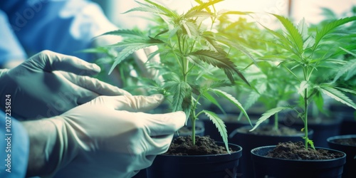 Close-up of a cannabis researcher's hands in a laboratory. Generative AI. photo