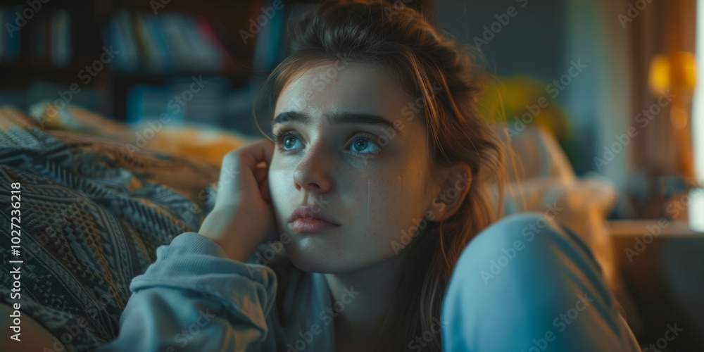 Fototapeta premium Sad depressed tired girl sitting in the bedroom. Thinks about problems. Generative AI.