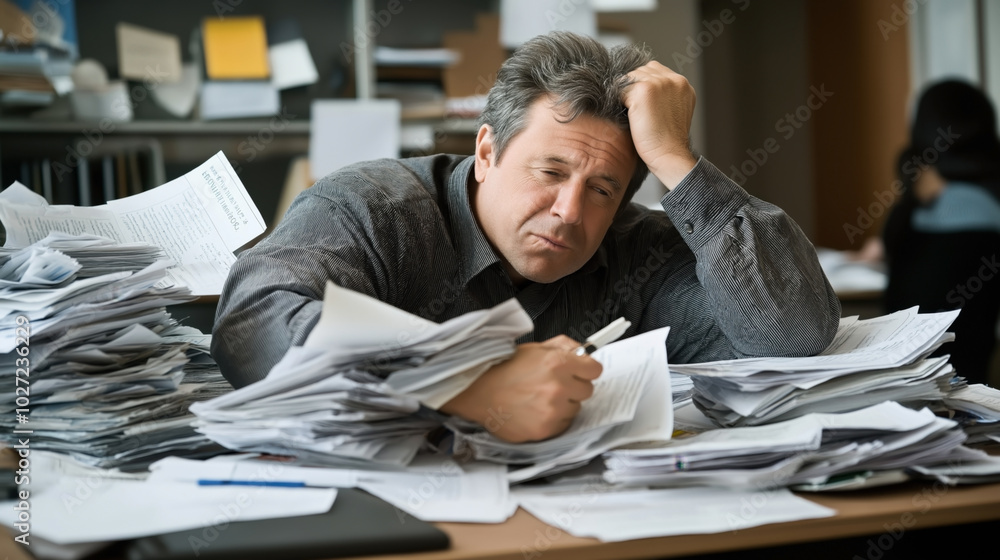 Middle-aged man overwhelmed with paperwork at an office desk, surrounded by piles of documents, looking fatigued and stressed, reflecting workplace burnout. Middle-aged man overwhelmed with paperwork at an office desk, surrounded by piles of documents, looking fatigued and stressed, reflecting workplace burnout.