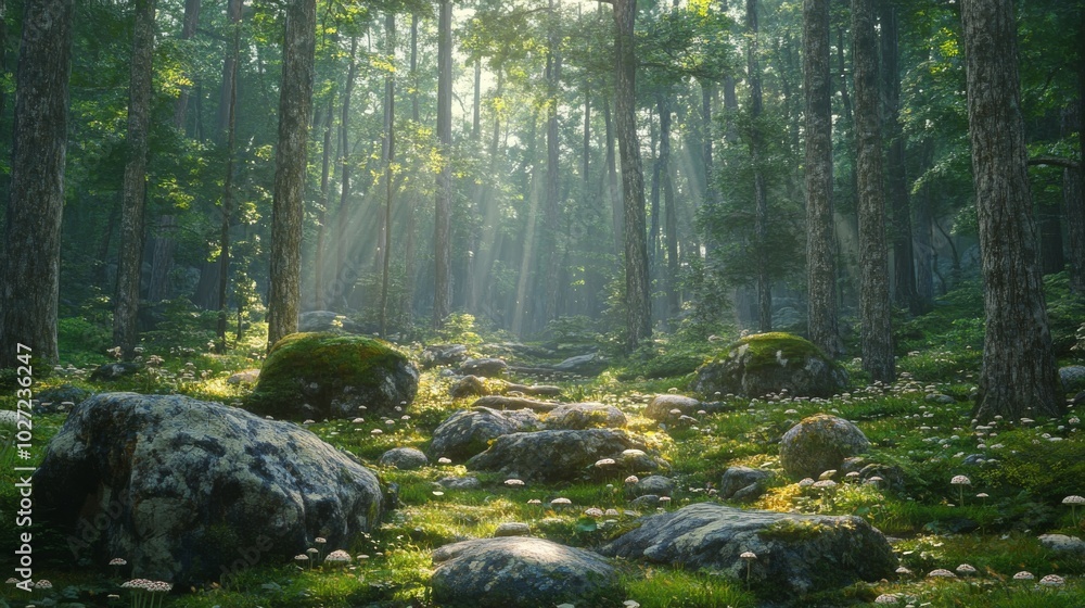 Obraz premium Sunbeams Illuminating a Mossy Forest Floor with Rocks and Mushrooms