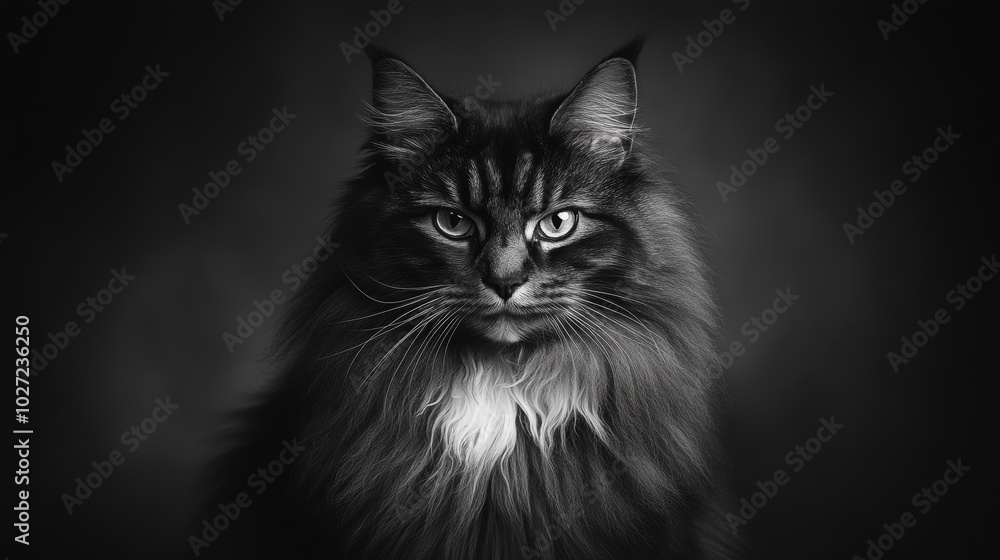 A black-and-white portrait of a fluffy cat, highlighting the texture of its fur and piercing gaze A black-and-white portrait of a fluffy cat, highlighting the texture of its fur and piercing gaze