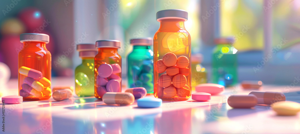 Colorful pharmaceutical pills and vibrant bottles arranged on a table against a bright digital medical background in a detailed 3D rendering Colorful pharmaceutical pills and vibrant bottles arranged on a table against a bright digital medical background in a detailed 3D rendering