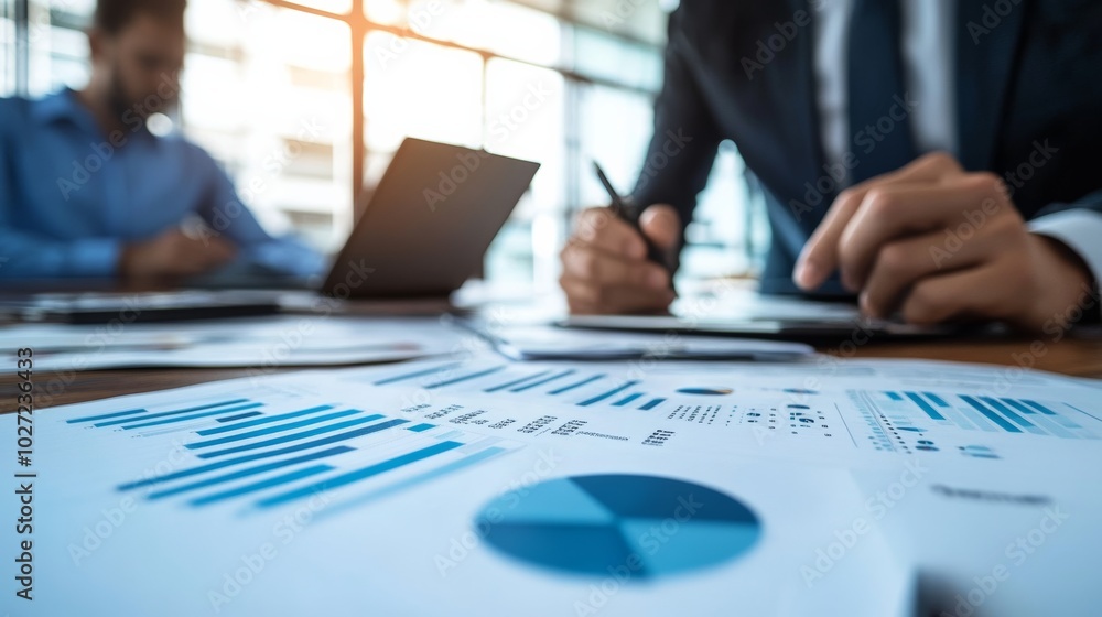 A business consultation in a modern boardroom, with advisors and clients analyzing financial documents and investment options A business consultation in a modern boardroom, with advisors and clients analyzing financial documents and investment options